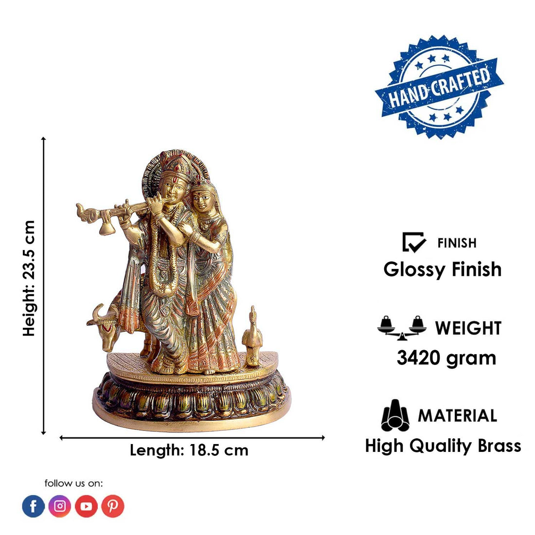 9.3 Inch Radha and Krishna with Cow Brass Statue