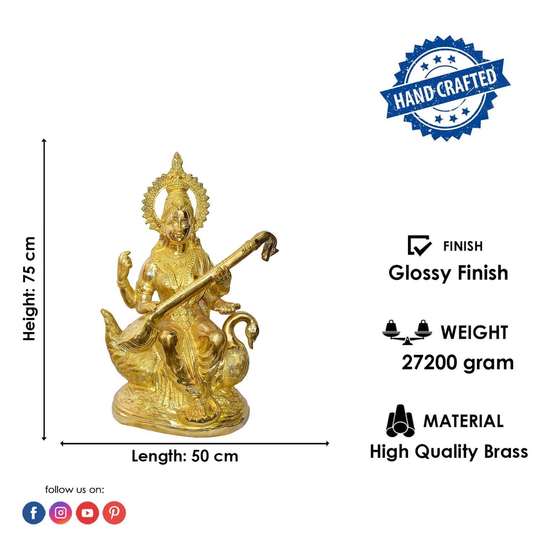 29 Inch Goddess Saraswati Brass Murti โ Divine Goddess of Wisdom & Arts