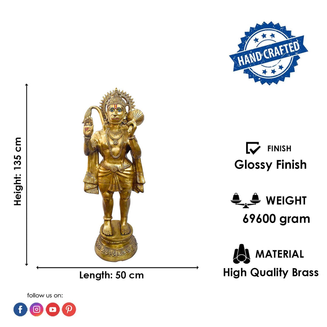53 Inch Veer Hanuman Brass Murti โ Sacred Bajrangbali Idol