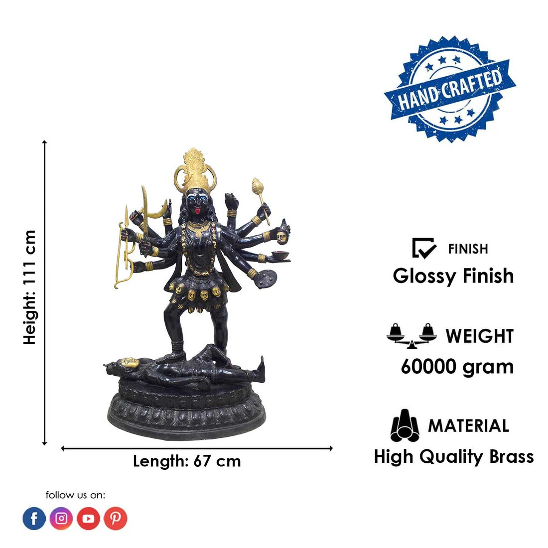 43 Inch Large Brass Goddess Kali Statue Standing on Shiva