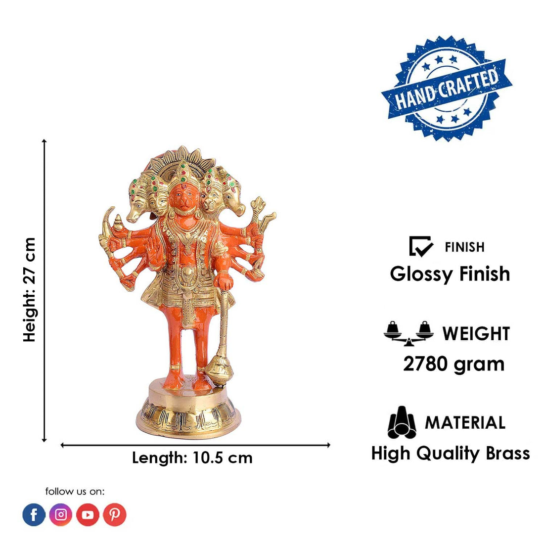 10.6 Inch Standing Kesari Nandan Hanuman Ji Brass Statue