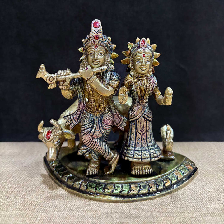 5.5 Inch Divine Radha Krishna with Kamdhenu Cow Idol β Handcrafted Brass Statue Symbolizing Divine Love, Prosperity, and Spiritual Blessings for Home and Temple Worship. No.1 Brass Idol Store www.satvikstore.in