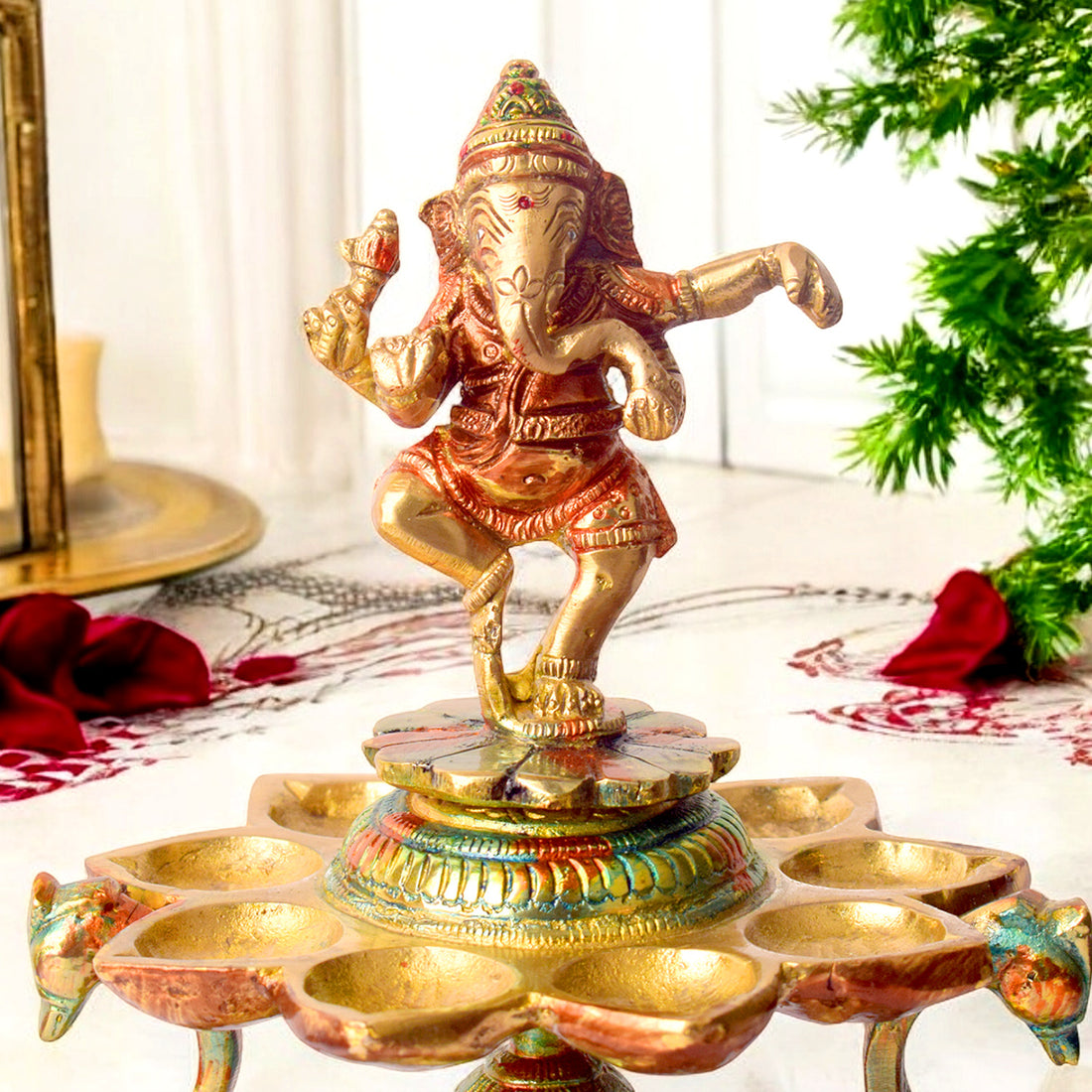 Handcrafted Brass 21 Wick Ganesha Diya β 2 Step Aarti Lamp
