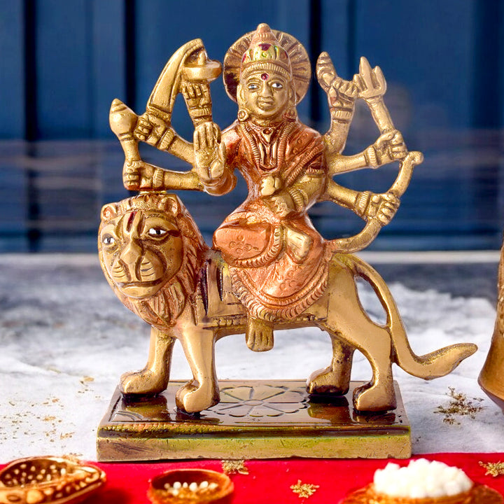 4.1 Inch Exquisite Brass Durga Maa Idol with fine craftsmanship and lion mount, symbolizing strength and protection – ideal for Navratri pooja, temple décor, and spiritual gifting No.1 Brass Idol Store www.satvikstore.in