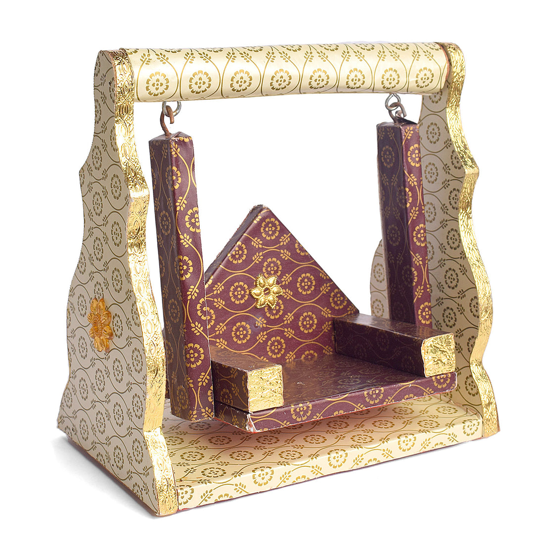 Printed Design Jhula – White & Brown Paper Cradle Swing for Laddu Gopal