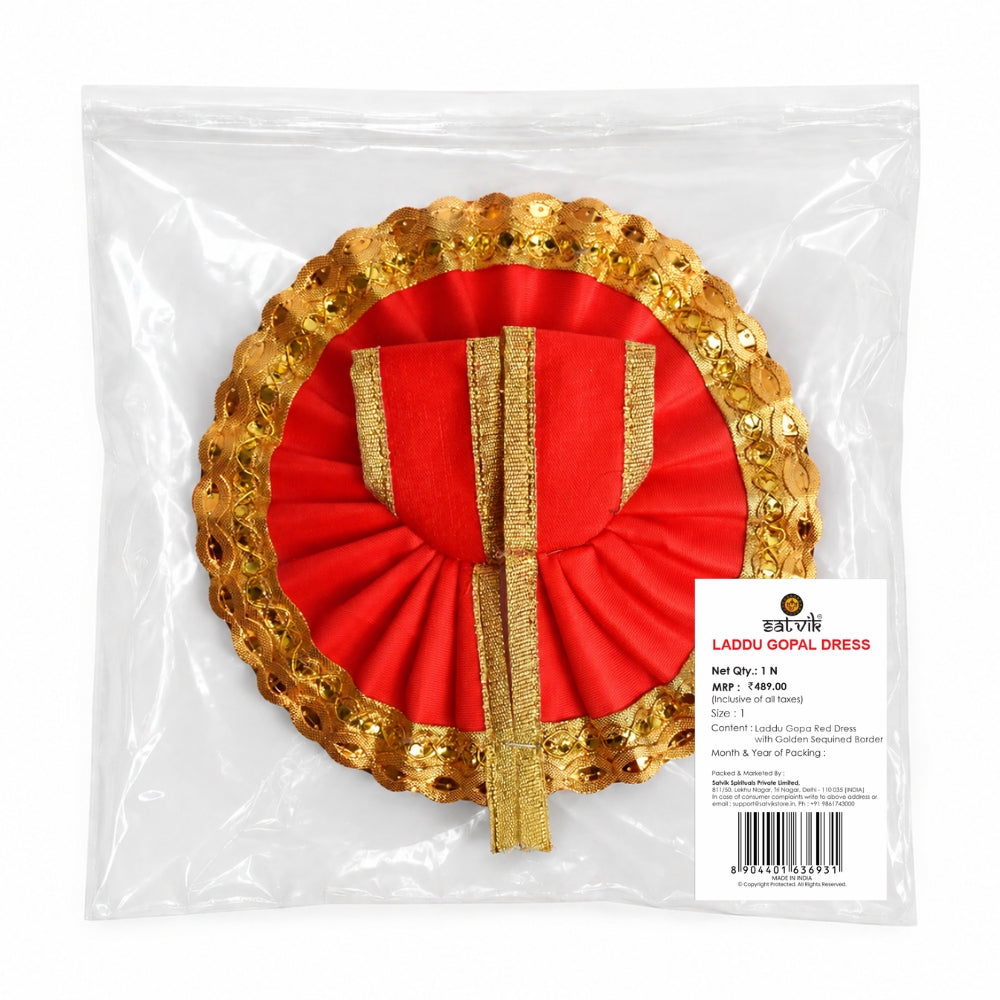 Radiant Laddu Gopal Red Dress with Golden Sequined Border