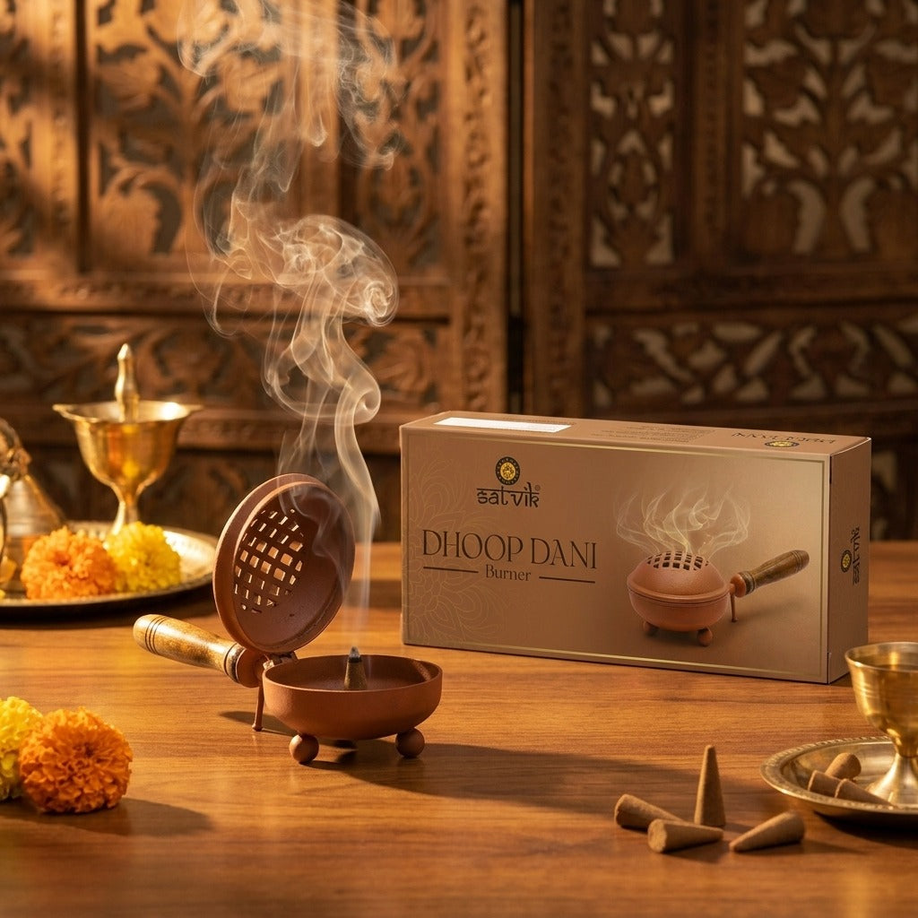 Traditional Dhoop Dani Incense Burner Holder with Wooden Handle