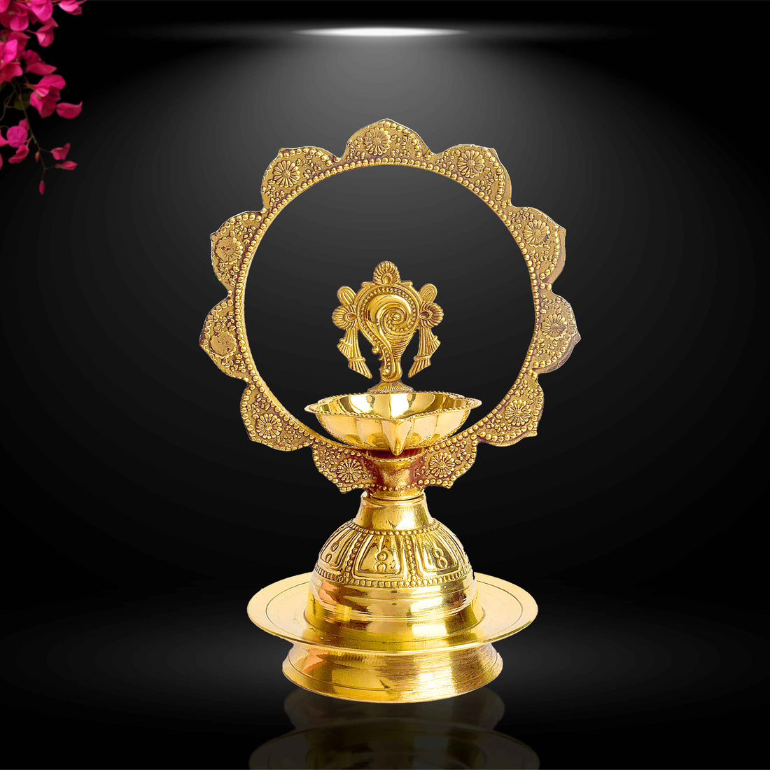7.5 Inch Embossed Shankh Morkiran Brass Diya