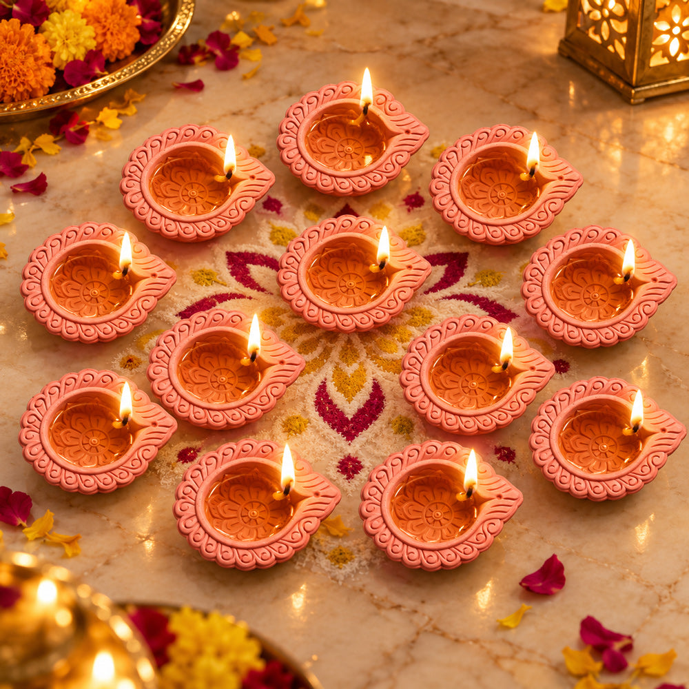 12 Pack Classic Lotus Pattern Earthen Clay Diya