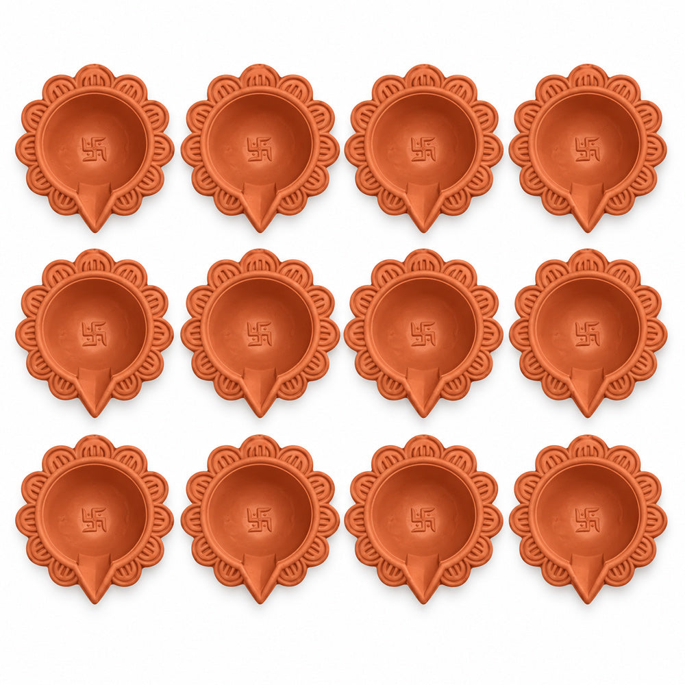 12 Pcs Swastik Design Terracotta Traditional Clay Diyas