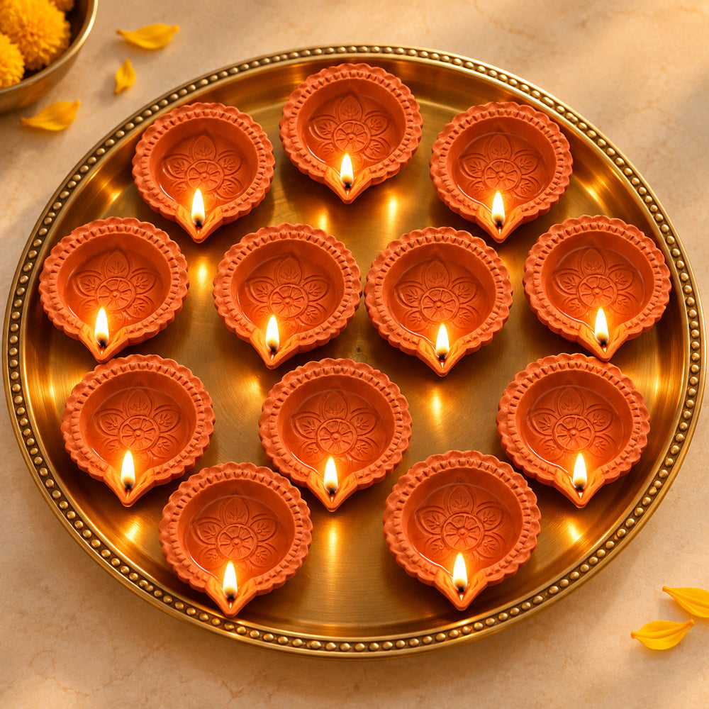 12 Pack Eco-Friendly Carved Terracotta Flower Clay Diyas