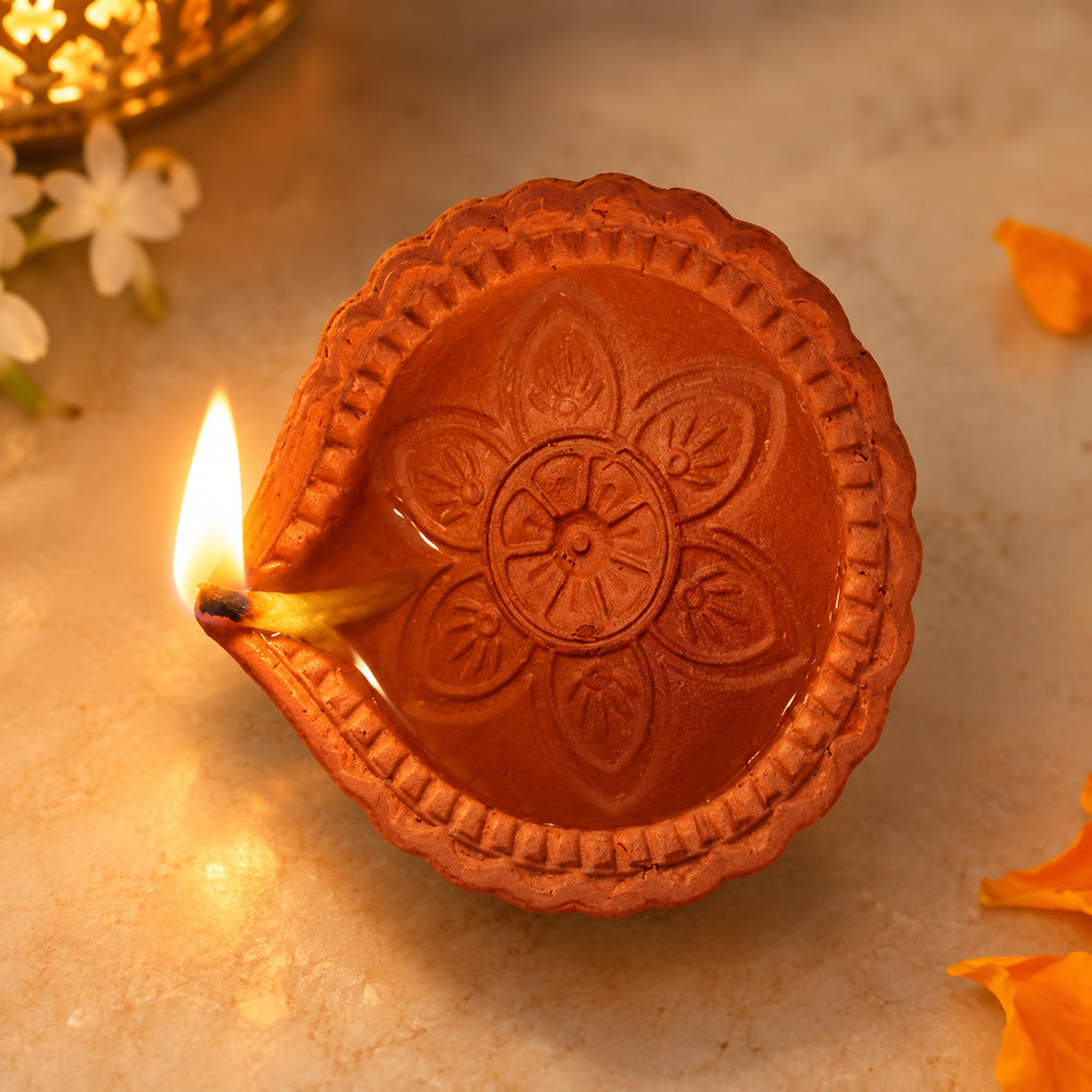 12 Pack Eco-Friendly Carved Terracotta Flower Clay Diyas
