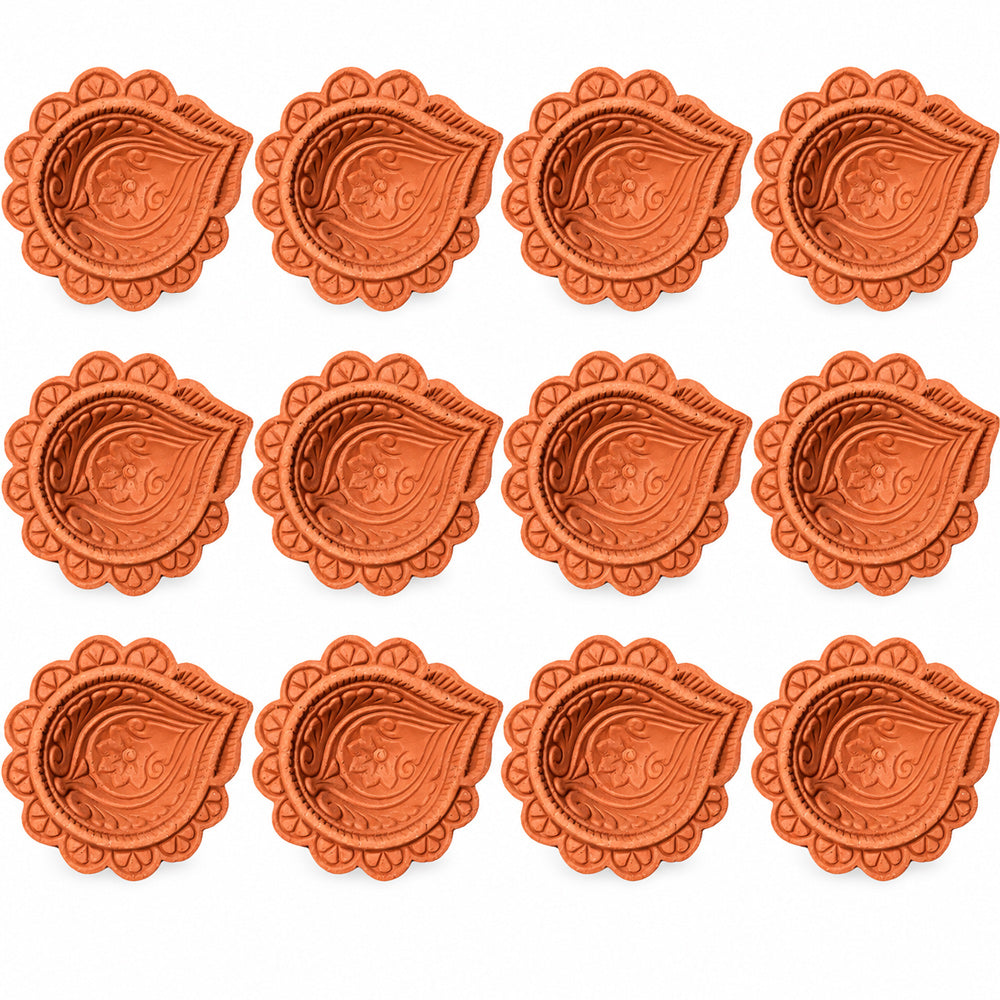 12 Pack Handmade Clay Paisley-Carved Teardrop Clay Diyas