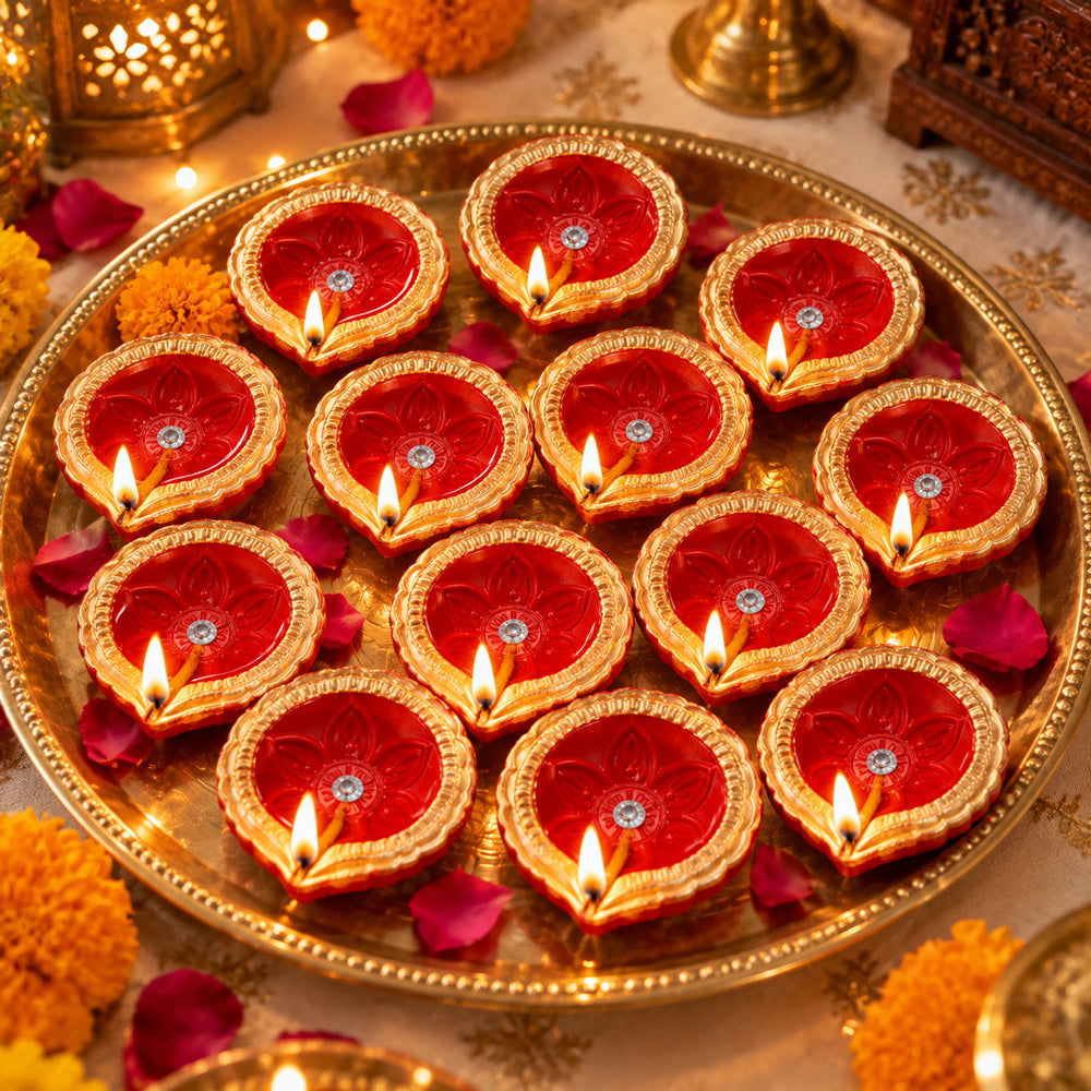 12 Pcs Handcrafted Red & Gold Metallic Designer Clay Diyas