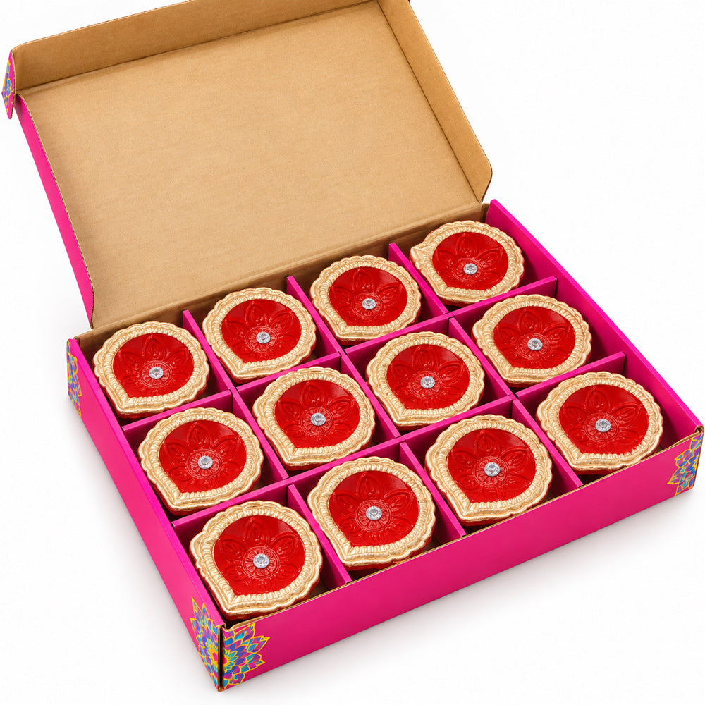 12 Pcs Handcrafted Red & Gold Metallic Designer Clay Diyas