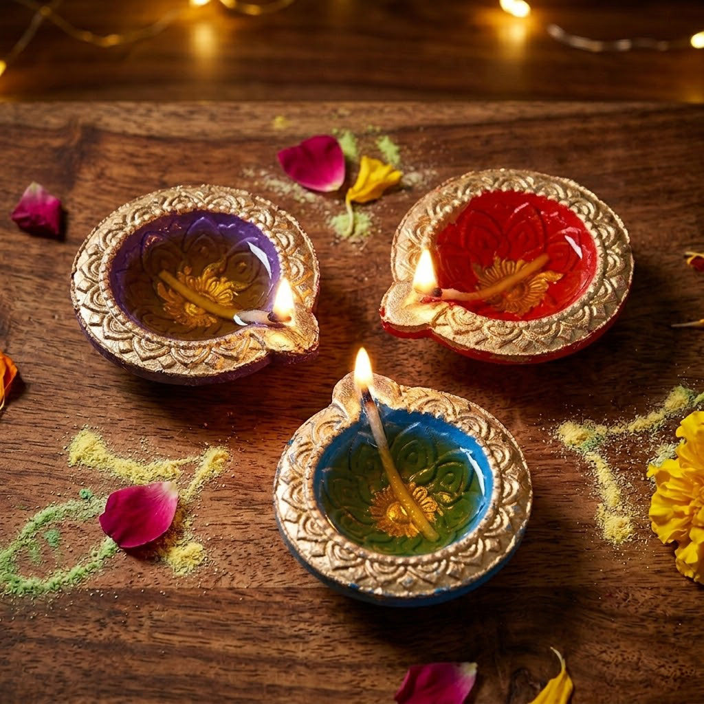 12 Pack Traditional Metallic Gold Lotus Center Clay Diyas