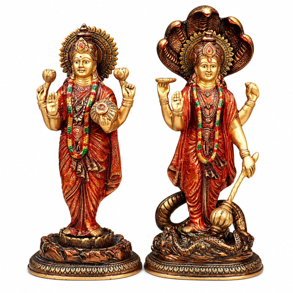 15.5 Inch Graceful Lord VIshnu with Maa Lakshmi Statue. Brass Laxmi Narayan Idol