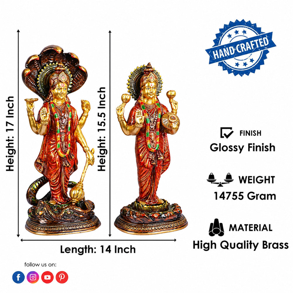 15.5 Inch Graceful Lord VIshnu with Maa Lakshmi Statue. Brass Laxmi Narayan Idol