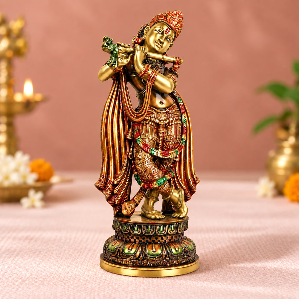 18.2 Inch Delicate Krishna Colorful Brass Idol