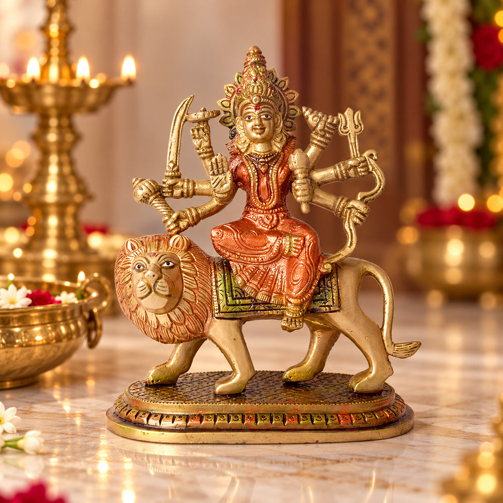 8.6 Inch Handcrafted Brass Sherawali Mata Idol