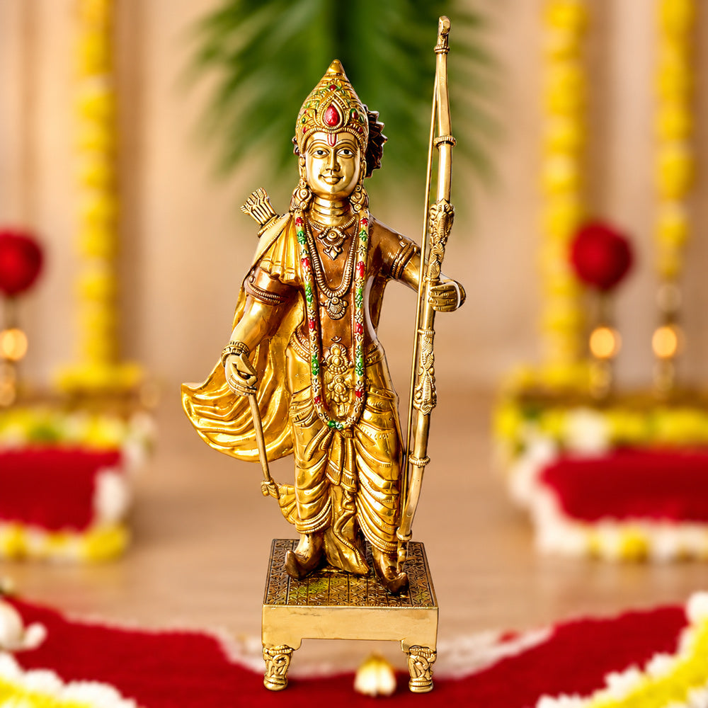 17.1 Inch Exquisite Brass Ram Statue with Vibrant Bow Design
