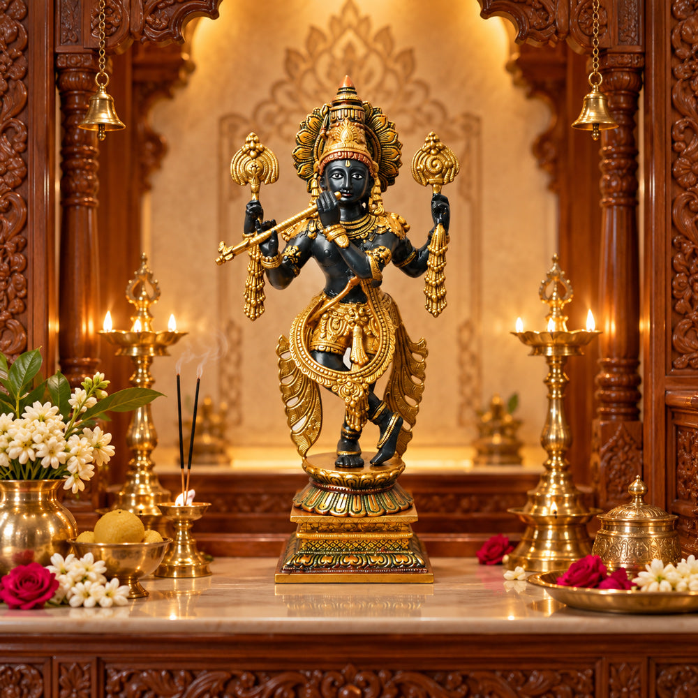 19 Inch Brass Chola Krishna Sculpture Playing the Flute