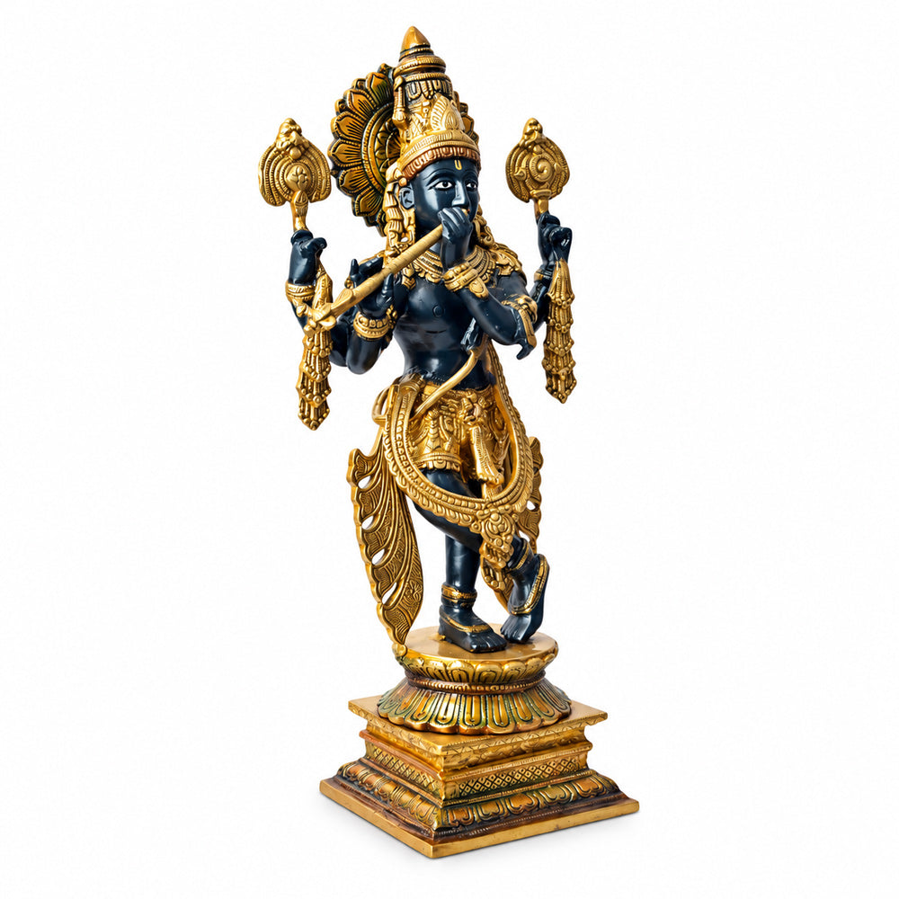 19 Inch Brass Chola Krishna Sculpture Playing the Flute