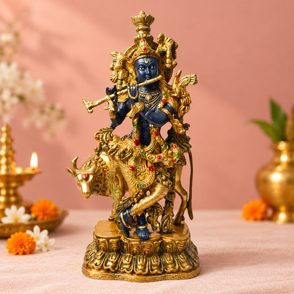17 Inch Brass Krishna Statue with Cow