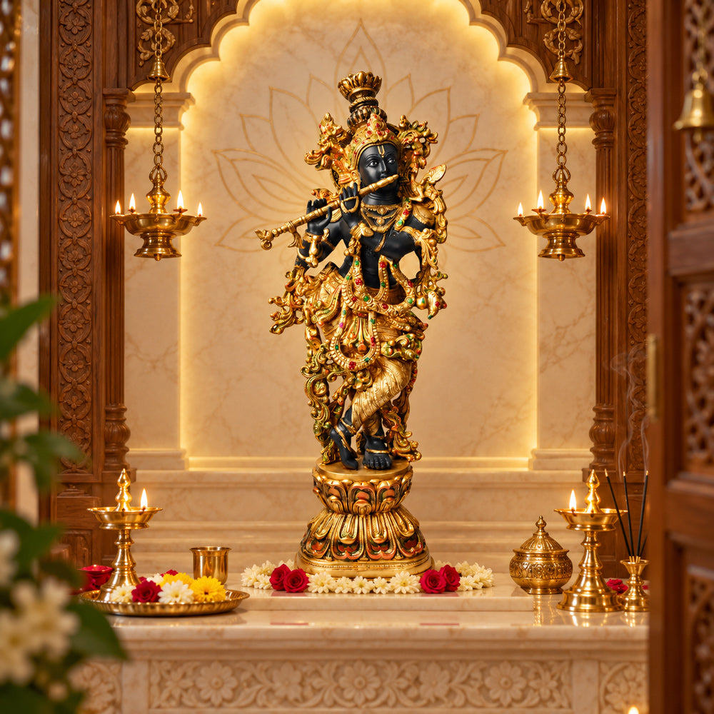 28 Inch Brass Krishna Sculpture with Artistic Detailing