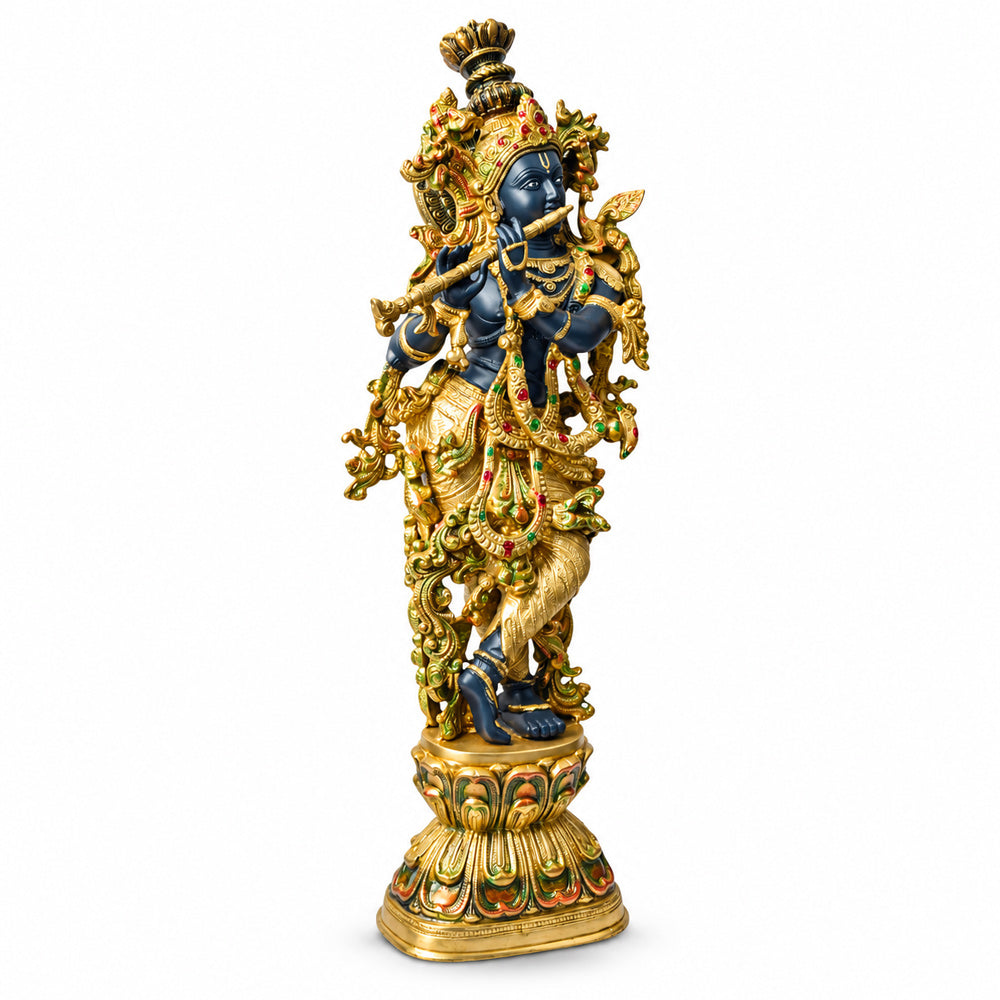28 Inch Brass Krishna Sculpture with Artistic Detailing