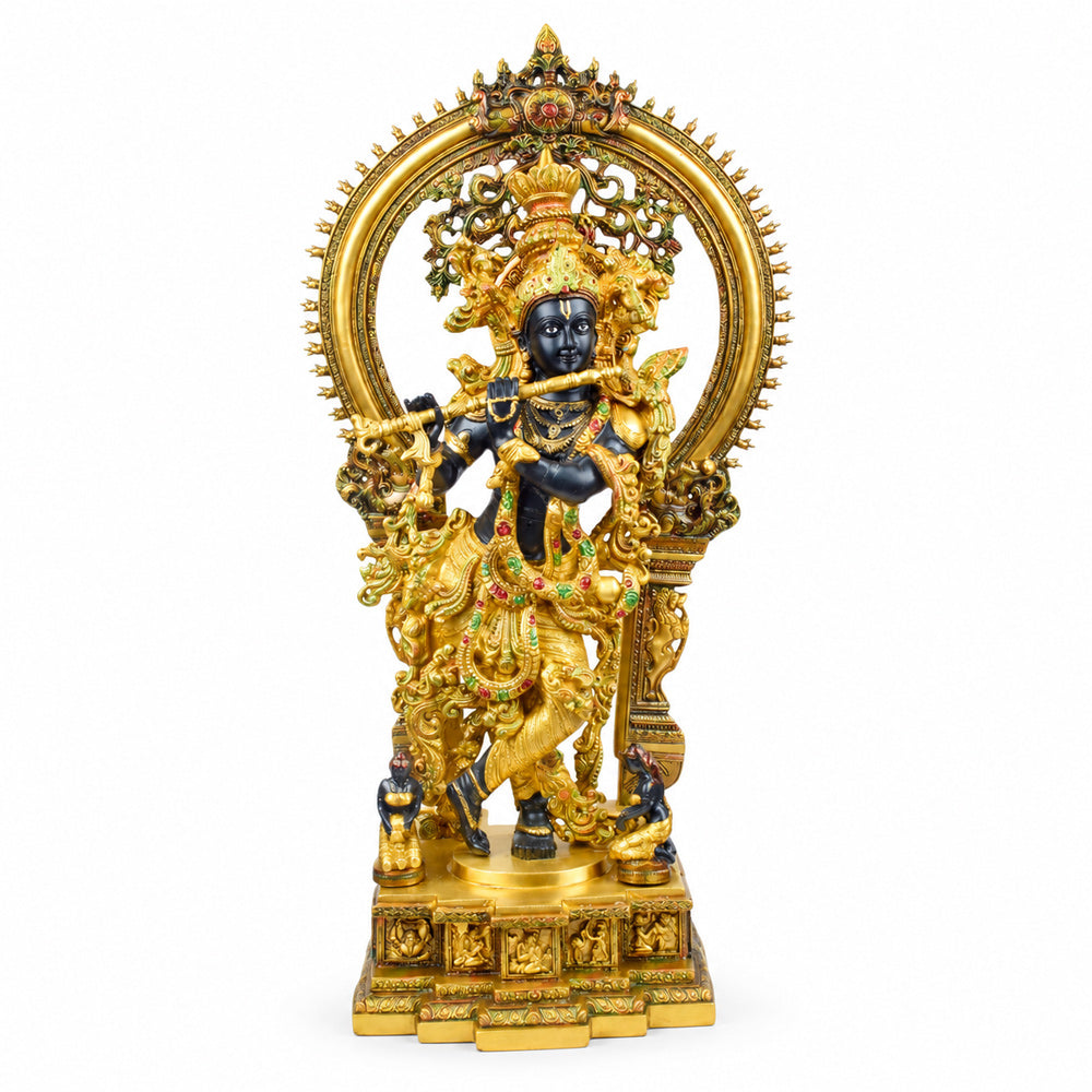 32 Inch Lord Krishna Stands on an Engraved Base with Frame