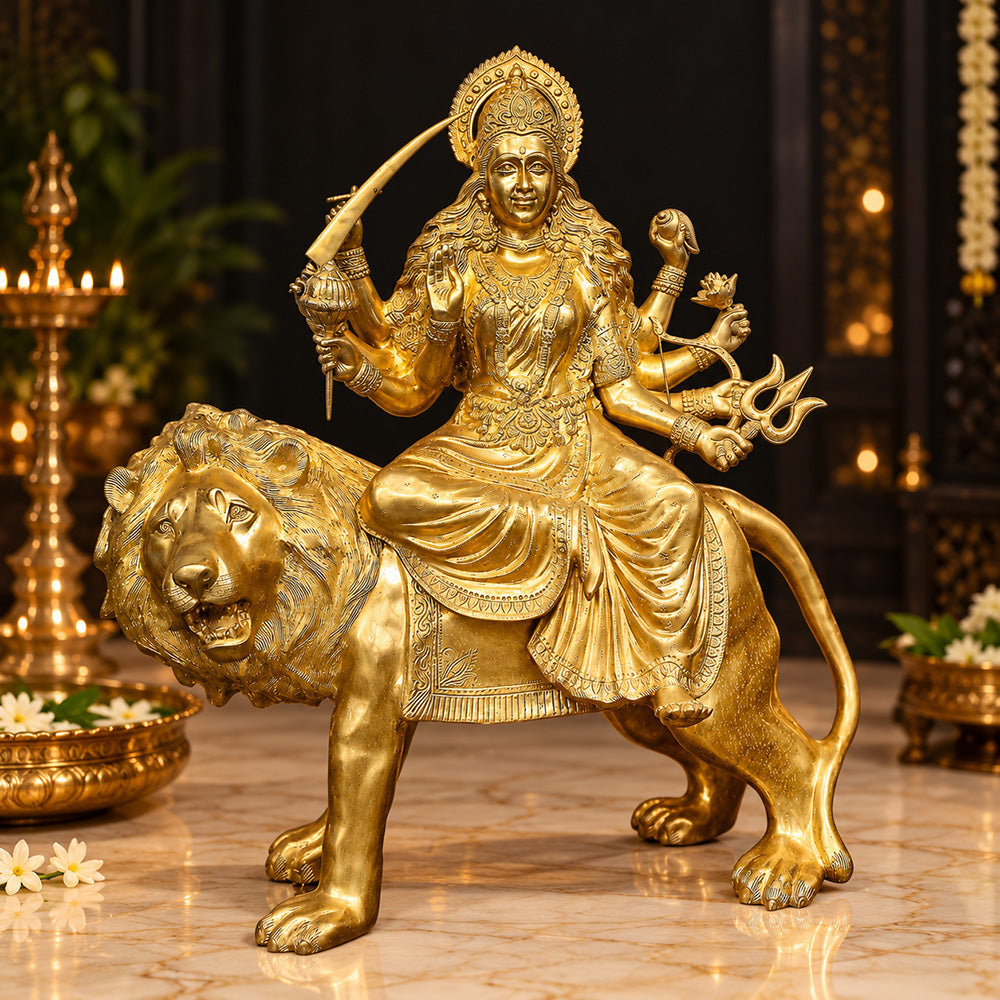 43 Inch Brass Durga Riding Lion Statue - Multi-Armed Goddess Idol with Sword & Trident