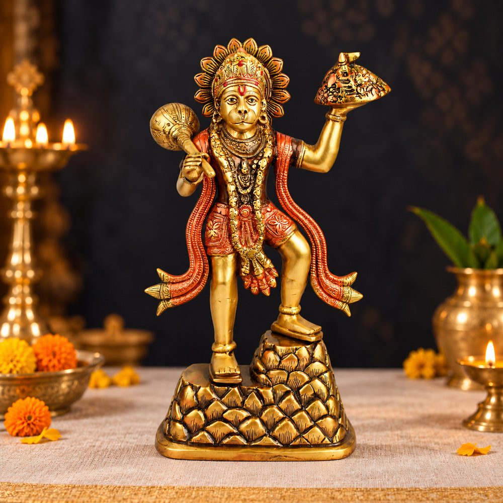 14 Inch Brass Lord Hanuman Carrying Sanjeevani Mountain