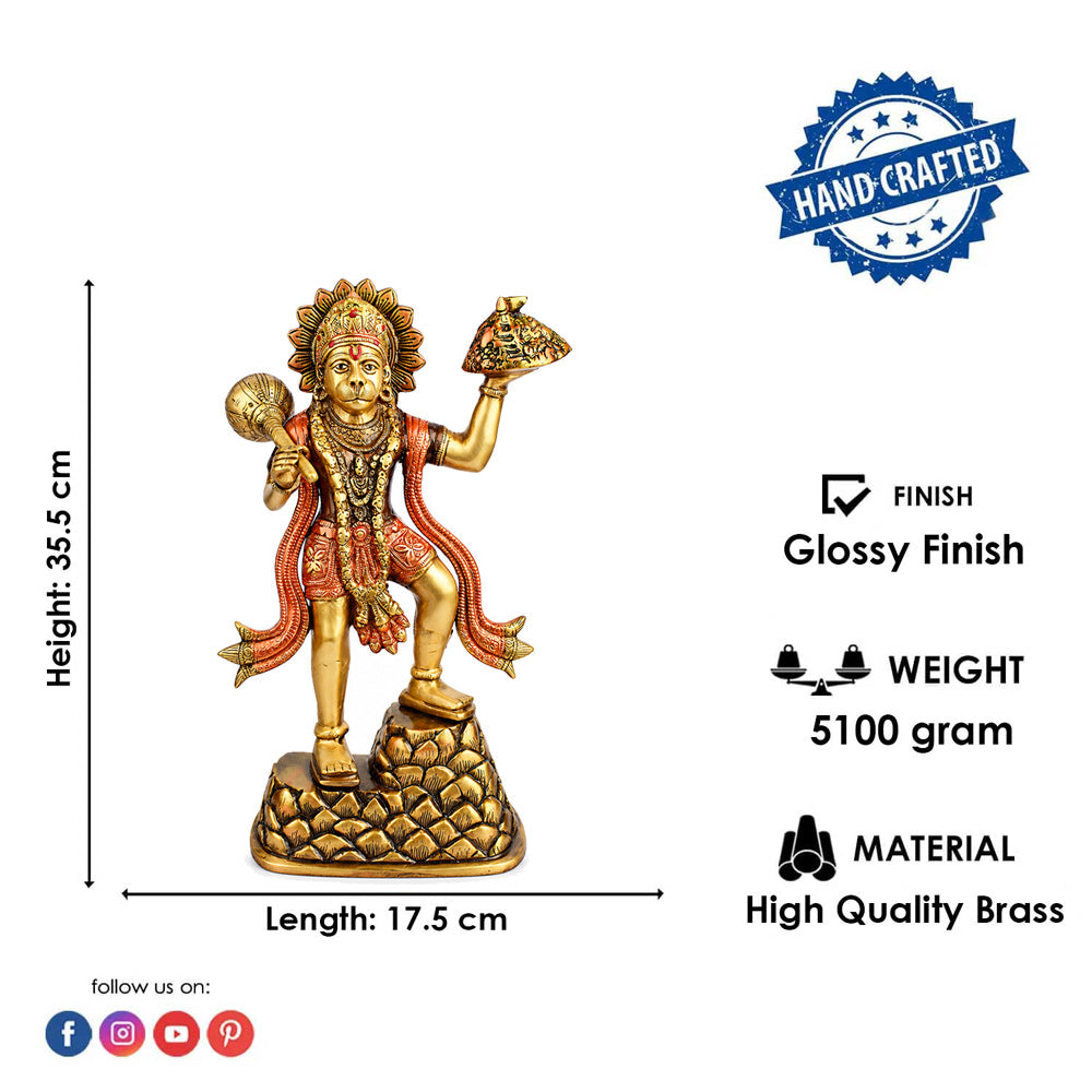 14 Inch Brass Lord Hanuman Carrying Sanjeevani Mountain