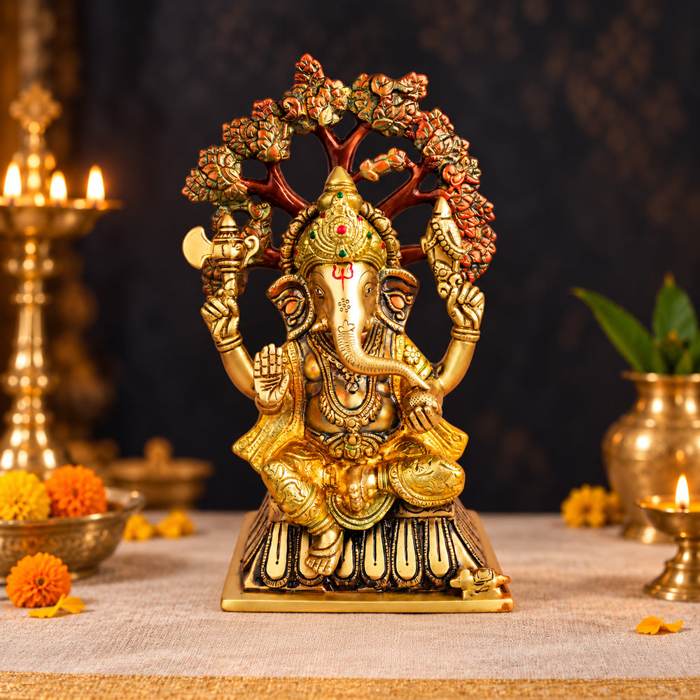 14.2 Inch Lord Ganesha Sitting Under Tree Brass Murti