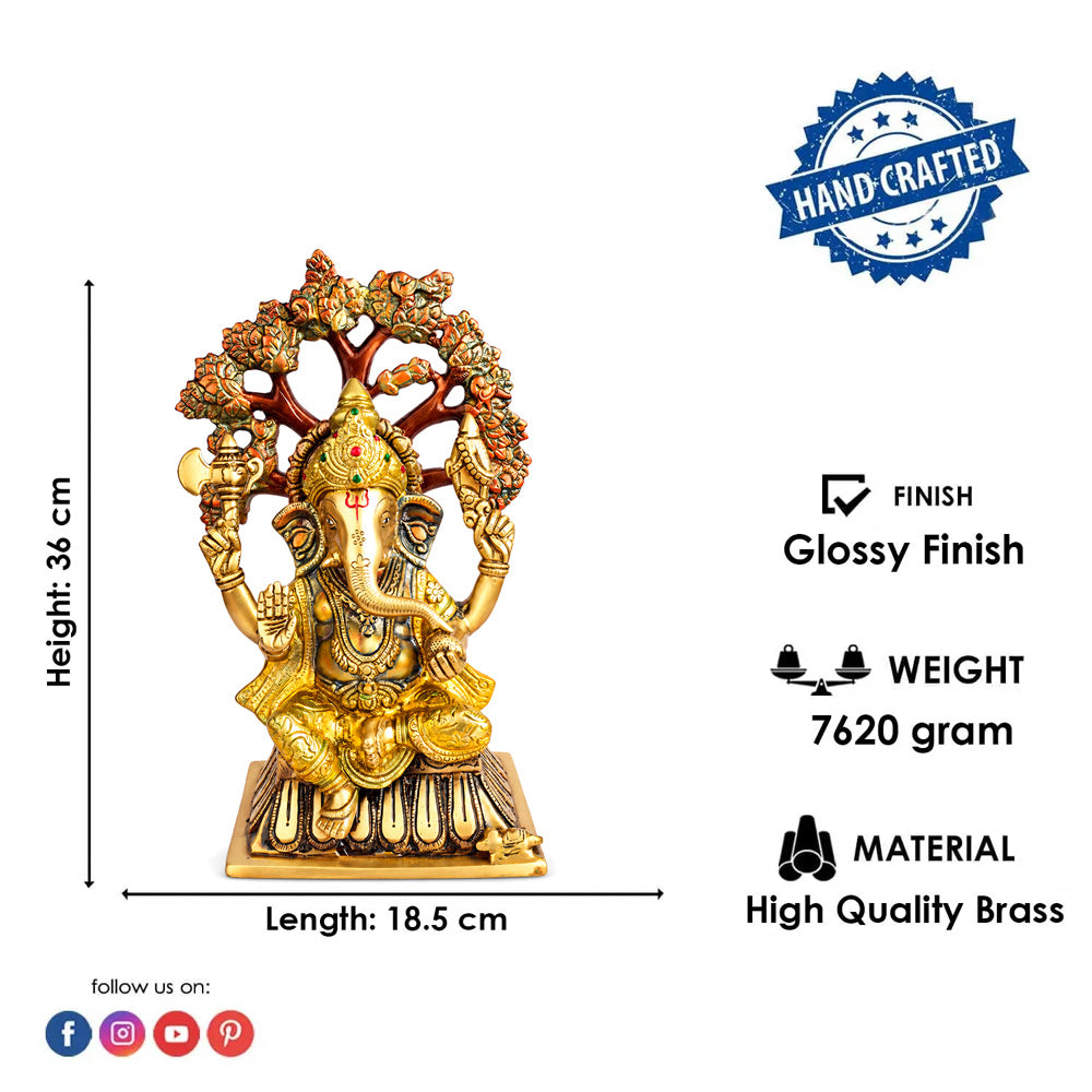 14.2 Inch Lord Ganesha Sitting Under Tree Brass Murti