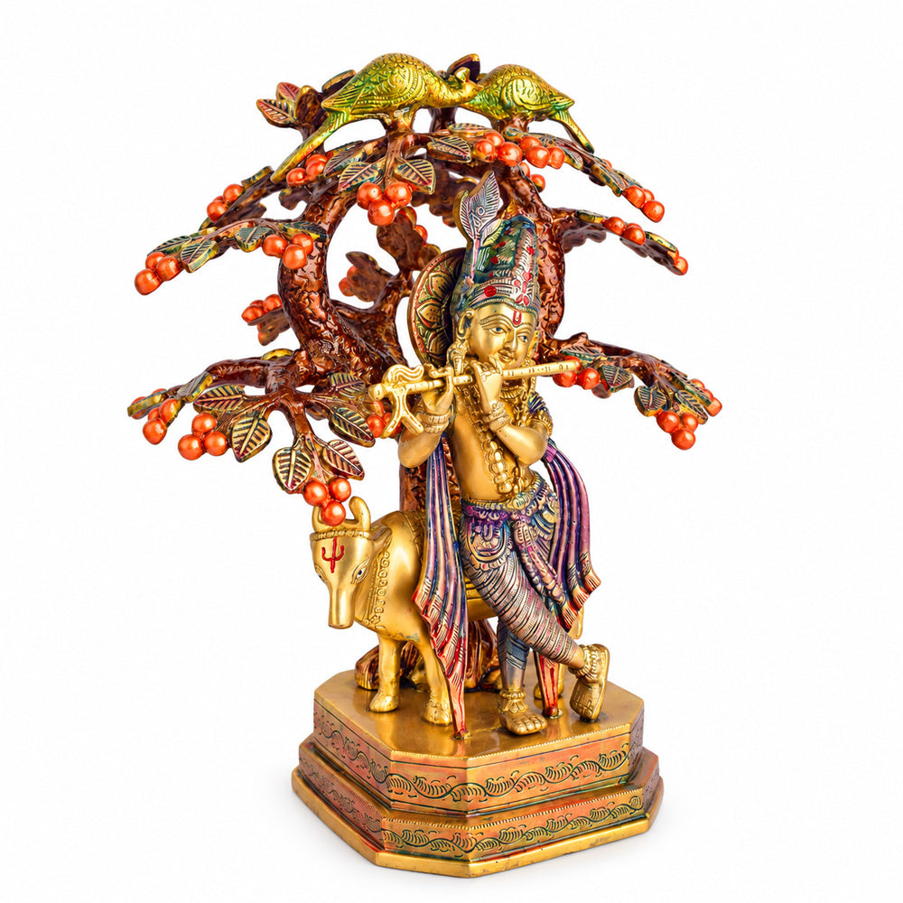 13.4 Inch Pure Brass Krishna with Cow Under Tree Statue