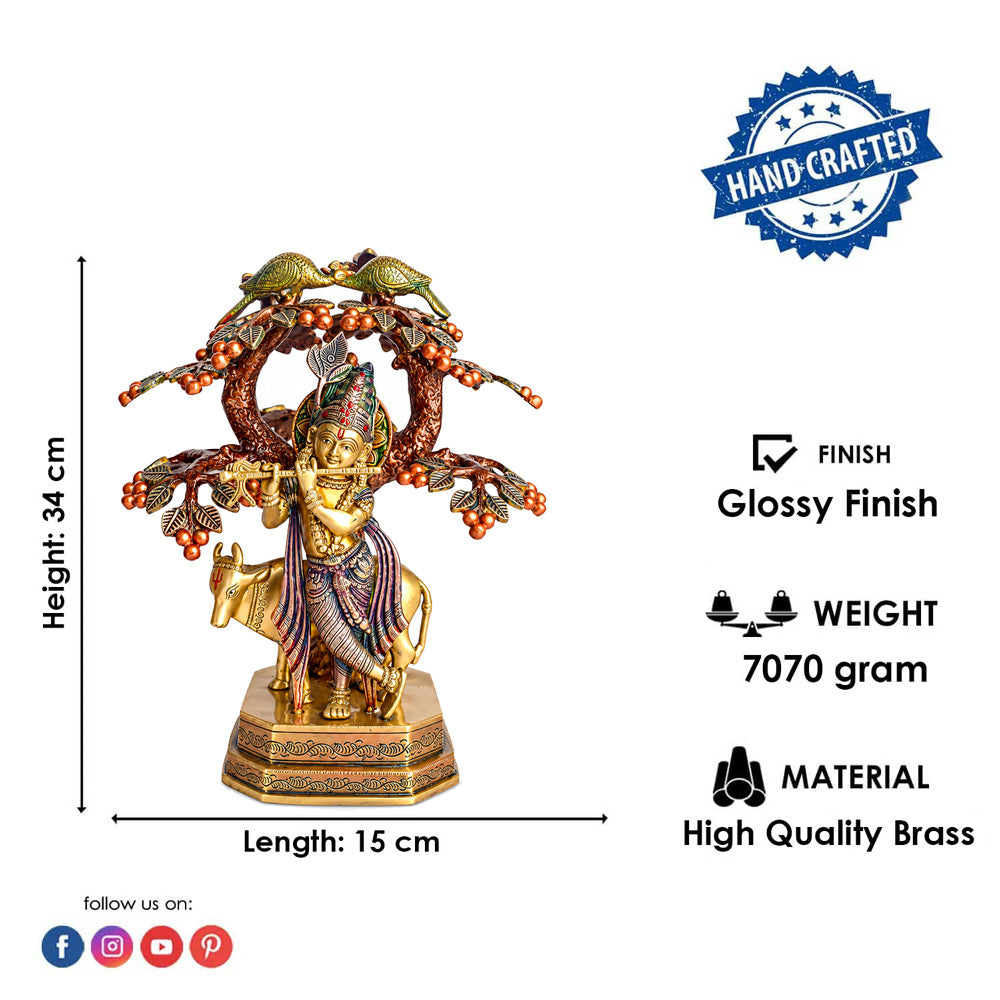 13.4 Inch Pure Brass Krishna with Cow Under Tree Statue