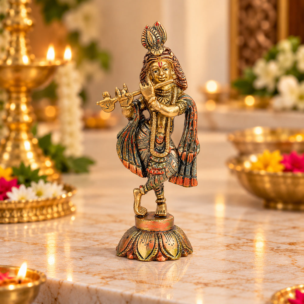 7.5 Inch Lord Krishna Brass Idol with Flute