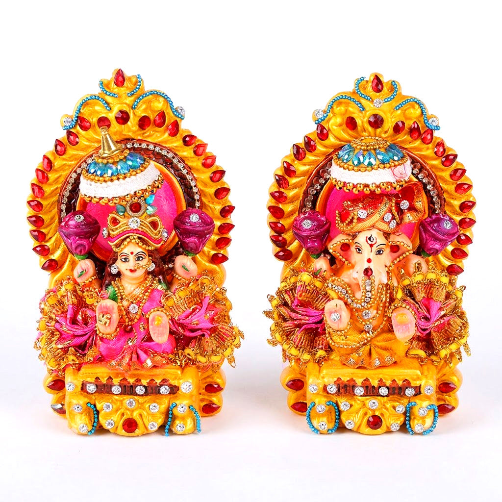 Decorated Clay Lakshmi Ganesh Idol with Stone Work Dress
