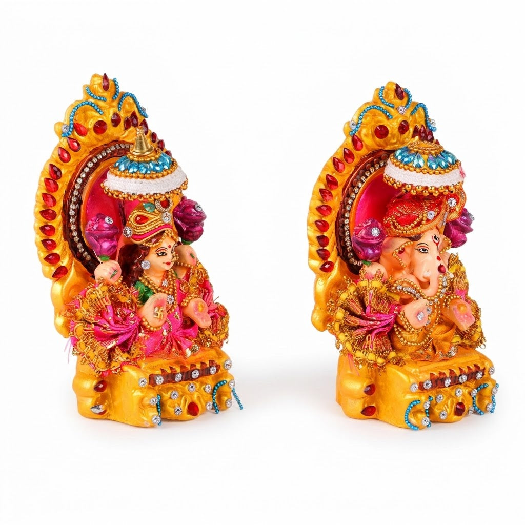 Decorated Clay Lakshmi Ganesh Idol with Stone Work Dress
