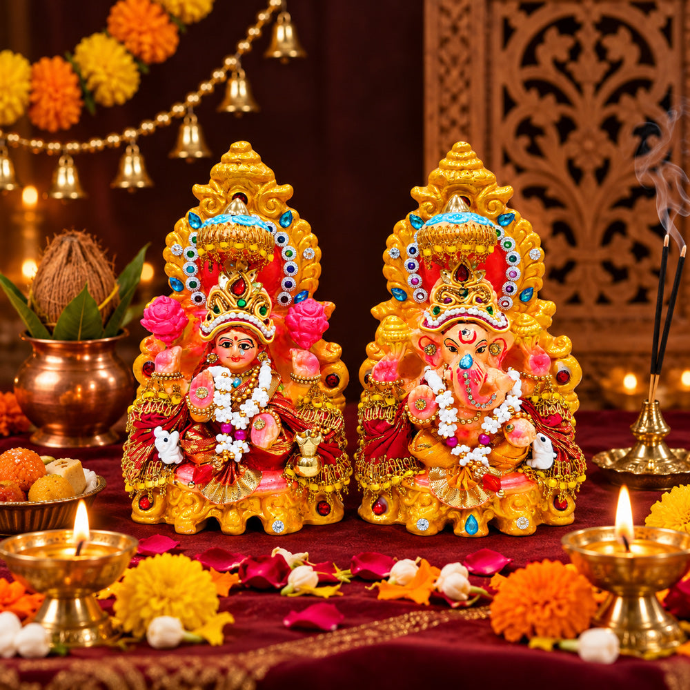 Stone Studded Clay Laxmi Ganesh Idols with Golden Throne