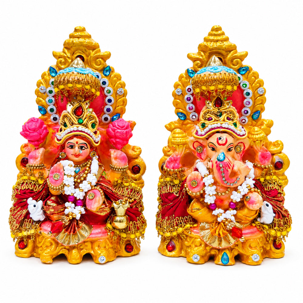 Stone Studded Clay Laxmi Ganesh Idols with Golden Throne