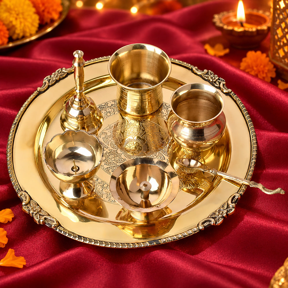 7 Piece Brass Royal Pooja Thali Set (9 Inch - 10 Inch) Design 1