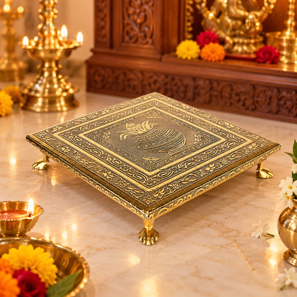 Meenakari Design Wooden Chowki with Kalash Embellishments (10 Inch)