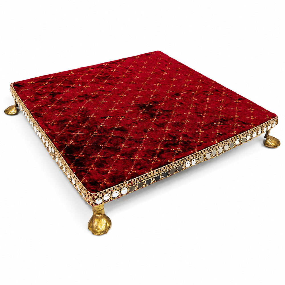 Handcrafted Red Velvet Wooden Pooja Chowki with Mirror Lace