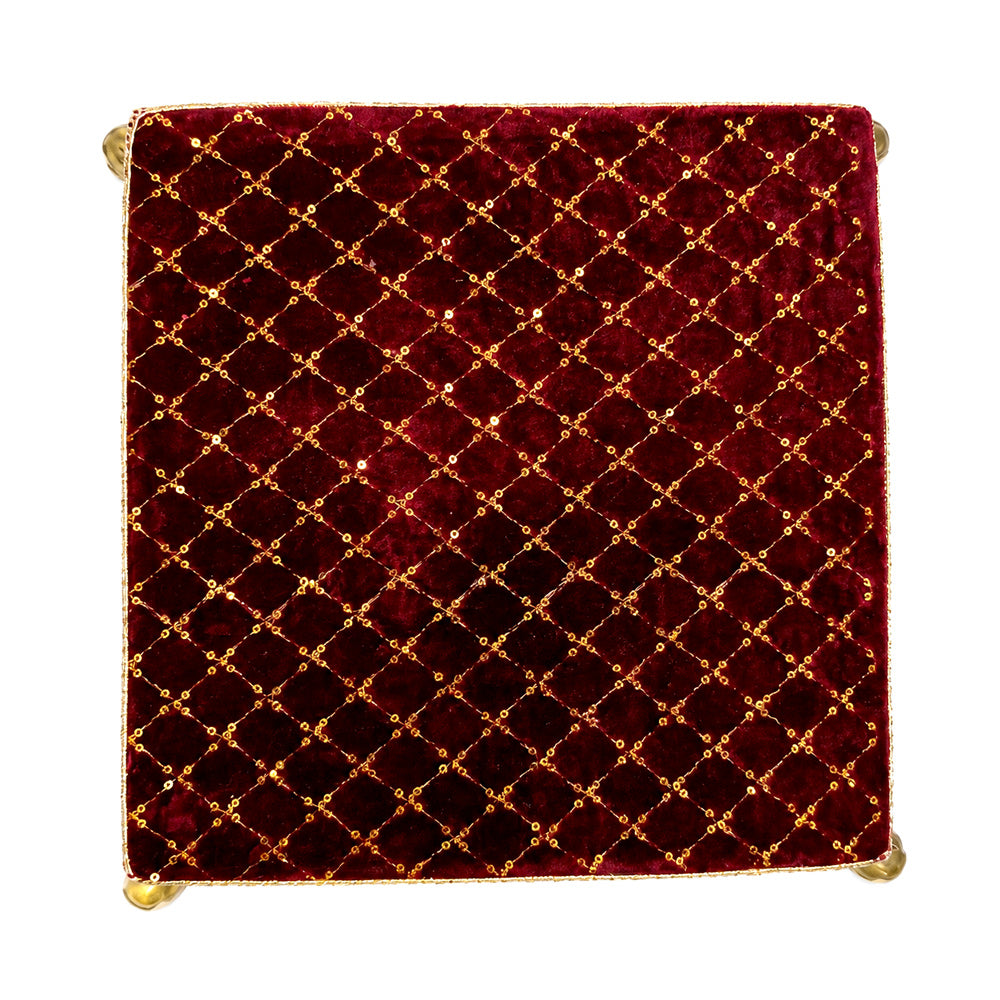 Handcrafted Red Velvet Wooden Pooja Chowki with Mirror Lace