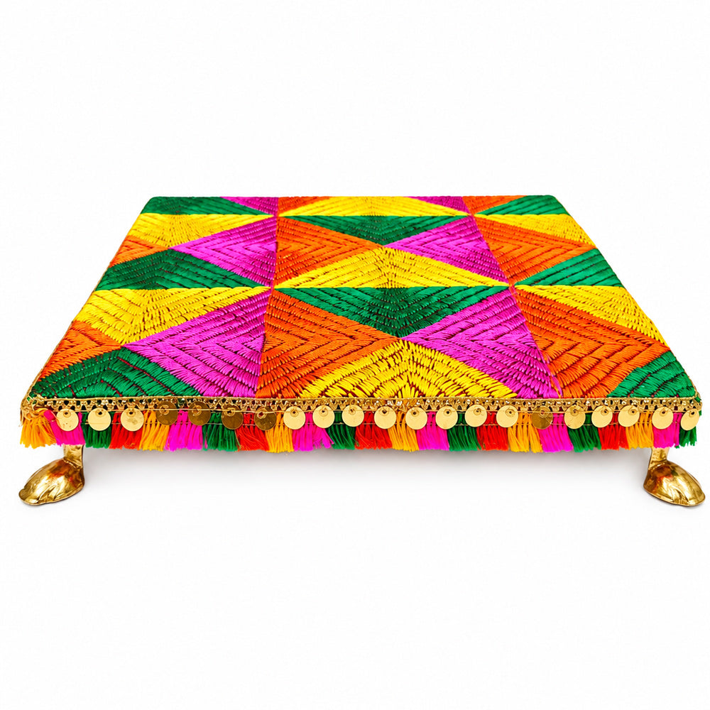 Hand Embroidered Multi-Tone Wooden Pooja Chowki