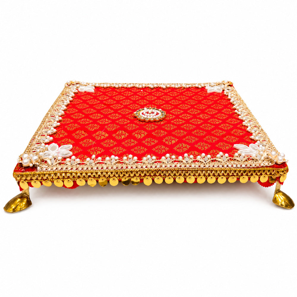 Royal Rani Red Brocade Pooja Chowki for Home Mandir
