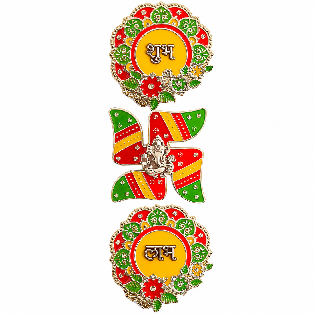 Glistening Round Shubh Labh and Swastik Stickers Set of 3